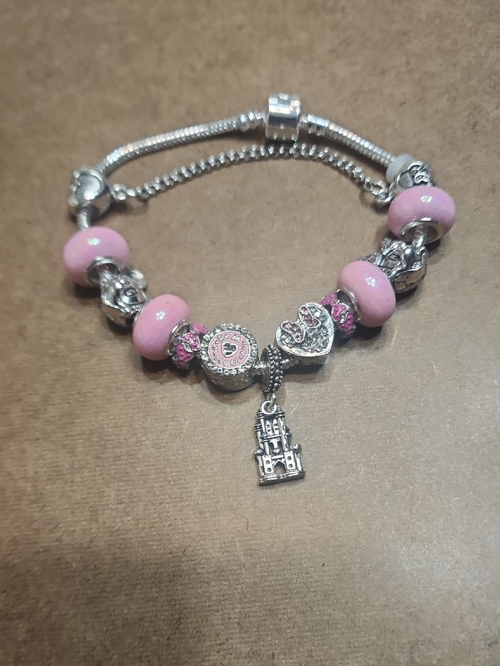 1pc Pink Disney Bracelet For Women 8.3in Crystal Cartoon Bead Bracelet Silver